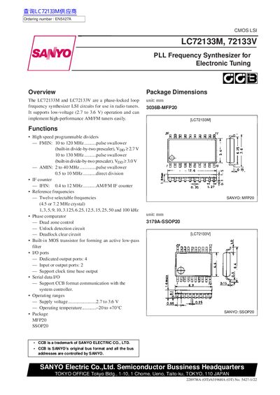 Sanyo LC72133M/LC72133V PLL Frequency Synthesizer Datasheet - cover page
