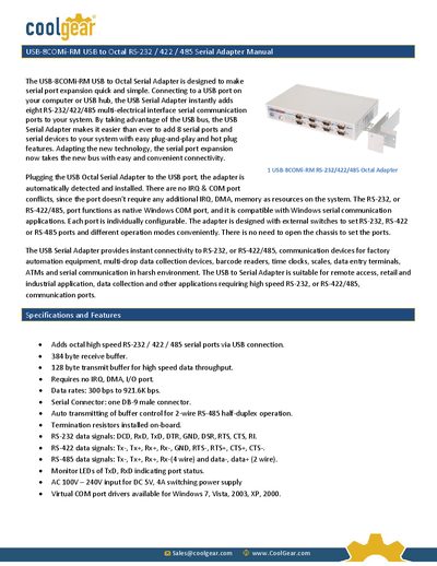 CoolGear USB-8COMi-RM RS-232/422/485 Octal Adapter Manual - cover page