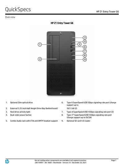 HP Z1 Entry Tower G6 Product Leaflet QuickSpecs - cover page