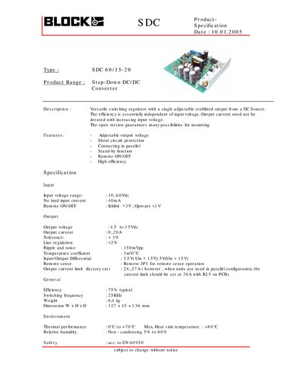 BLOCK SDC 60/15-20 Step-Down DC/DC Converter Datasheet - cover page
