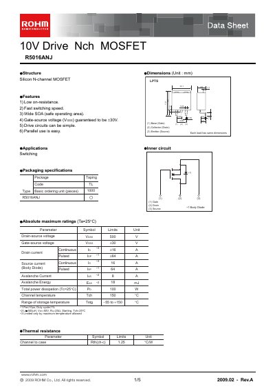 ROHM R5016ANJ N-channel MOSFET Datasheet - cover page
