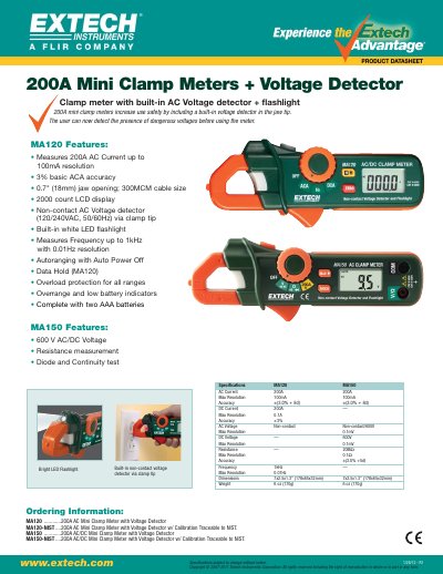 EXTECH MA120/MA150 Mini Clamp Meters Datasheet - cover page