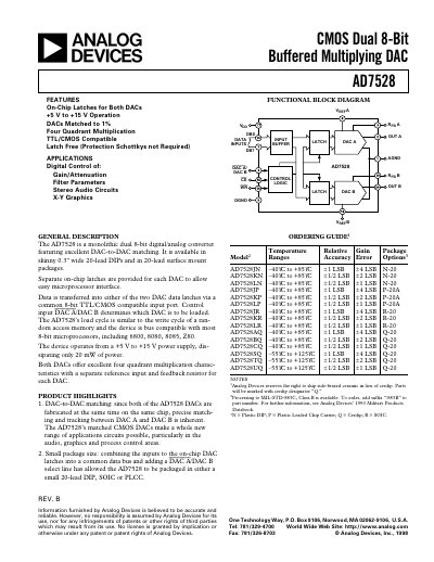 Analog Devices AD7528 Dual 8‑Bit Buffered Multiplying DAC Datasheet Rev B - cover page