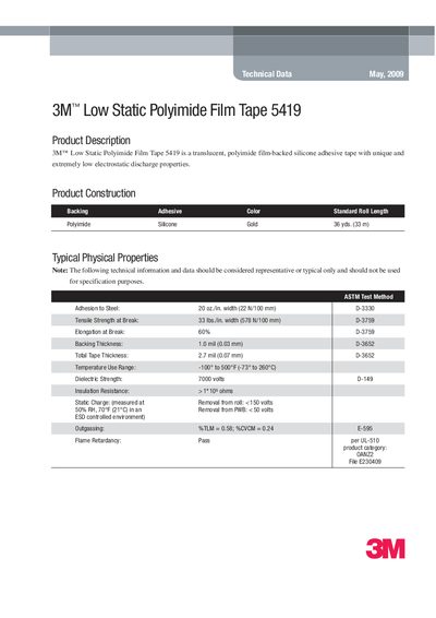 3M 5419 Low Static Polyimide Film Tape Technical Data Sheet - cover page
