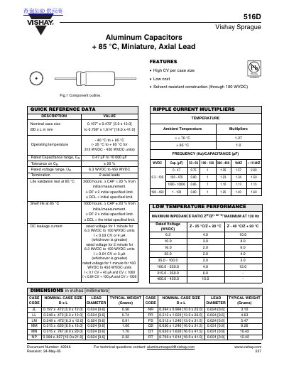 Vishay 516D Aluminum Capacitors Datasheet - cover page