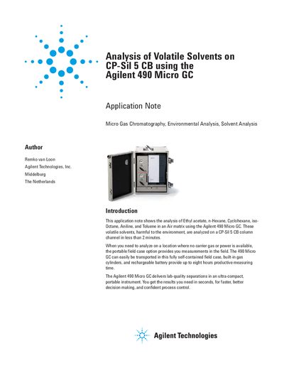 Agilent 490 Micro GC Analysis of Volatile Solvents on CP-Sil 5 CB Application Note - cover page