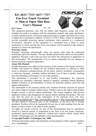 POSIFLEX KS-6615/7315/6617/7317 Fan Free Touch Terminal User's Manual - cover page