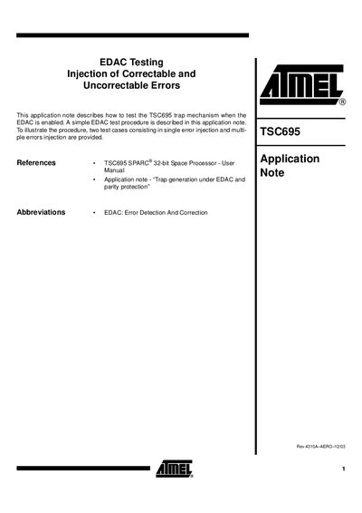 Atmel TSC695 EDAC Testing Application Note - cover page