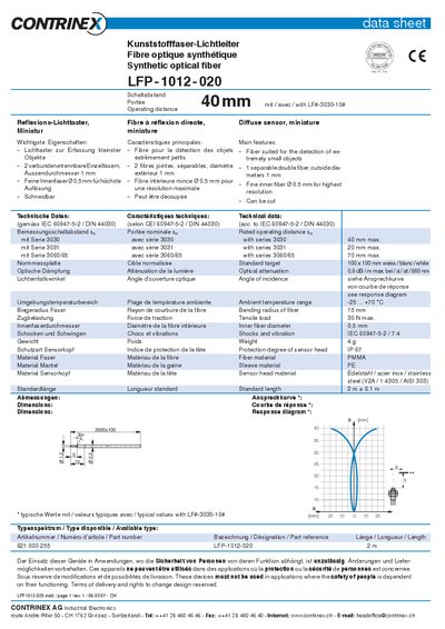 Contrinex LFP-1012-020 Synthetic Optical Fiber Data Sheet - cover page