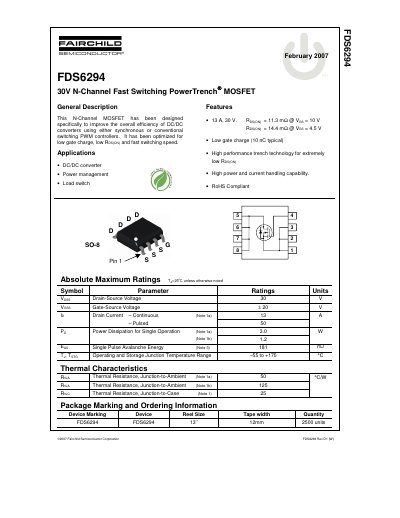 Fairchild Semiconductor FDS6294 30V N-Channel MOSFET Datasheet - cover page