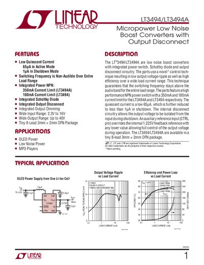 Linear Technology LT3494/LT3494A Boost Converter Manual - cover page