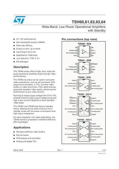 STMicroelectronics TSH60‑TSH64 Operational Amplifier Datasheet - cover page