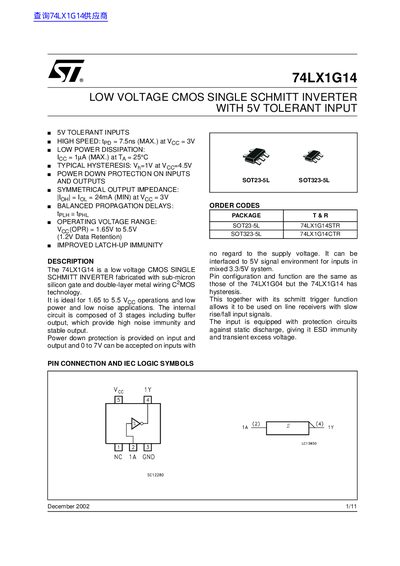 STMicroelectronics 74LX1G14 CMOS Schmitt Inverter Datasheet - cover page
