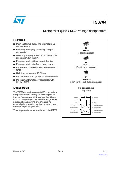 STMicroelectronics TS3704 Micropower Quad CMOS Voltage Comparator Datasheet