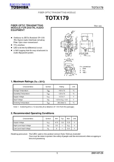 Toshiba TOTX179 Fiber Optic Transmitting Module User Manual