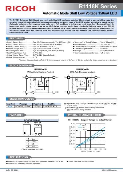 Ricoh R1118K Series Automatic Mode Shift Low Voltage LDO Datasheet - cover page