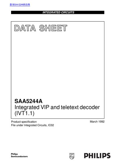 PHILIPS SAA5244A Integrated VIP teletext decoder (IVT1.1) handbook - cover page