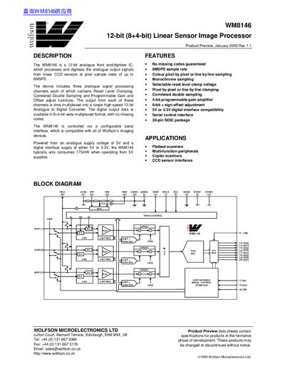 Wolfson WM8146 Linear Sensor Image Processor Datasheet - cover page