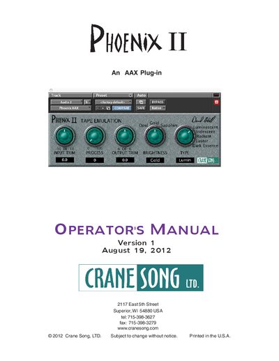 Crane Song Phoenix II Operator's Manual - cover page
