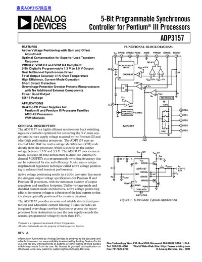 ANALOG DEVICES ADP3157 5-Bit Programmable Synchronous Controller for Pentium III Processors handbook - cover page