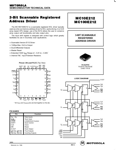 MOTOROLA 3-Bit scannable registered address driver MC10E212 MC100E212 datasheet(1) - cover page