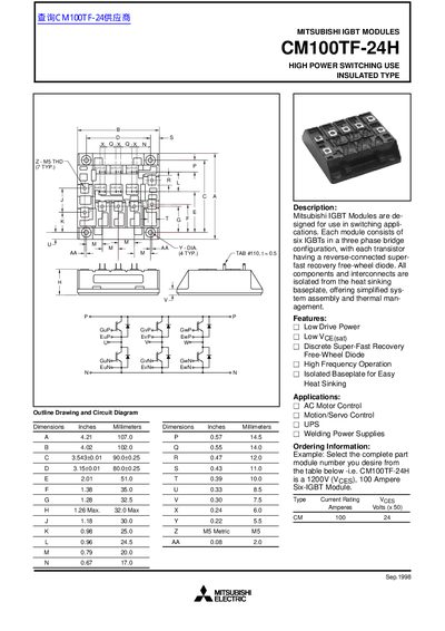 Mitsubishi CM100TF-24H IGBT Module Datasheet - cover page