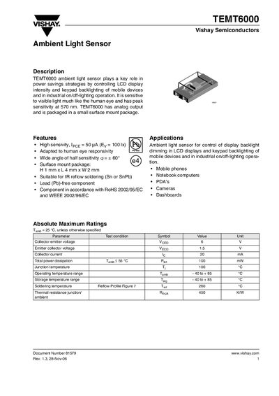 Vishay TEMT6000 Ambient Light Sensor Datasheet - cover page