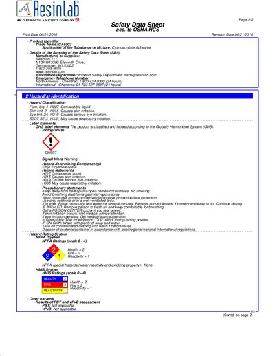 Resinlab CA6503 Cyanoacrylate Adhesive Safety Data Sheet - cover page