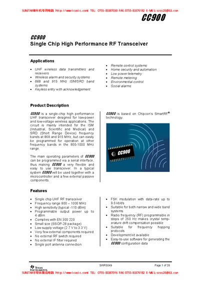 CC900 Single Chip High Performance RF Transceiver Manual - cover page