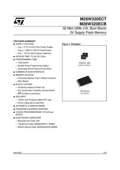 ST M28W320ECT M28W320ECB 32 Mbit (2Mb x16 Boot Block) 3V Supply Flash Memory handbook - cover page