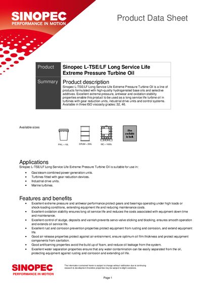 Sinopec L‑TSE/LF Turbine Oil Product Data Sheet - cover page