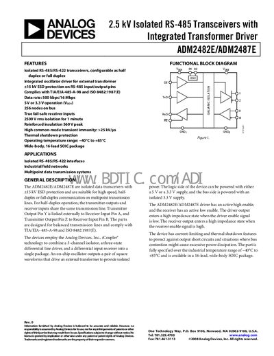 Analog Devices ADM2482E/ADM2487E Isolated RS-485 Transceiver Datasheet - cover page