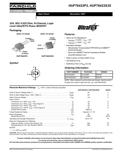 FAIRCHILD HUF76423P3 HUF76423S3S Manual - cover page