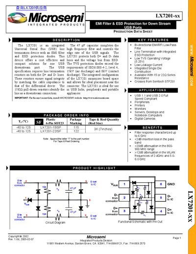 Microsemi LX7201-xx EMI Filter & ESD Protection Data Sheet - cover page