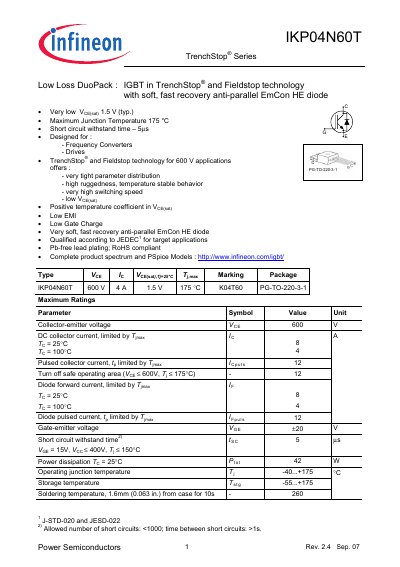 Infineon IKP04N60T IGBT Datasheet - cover page