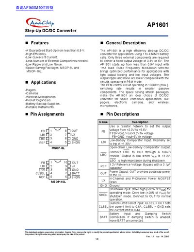 Anachip AP1601 Step-Up DC/DC Converter Datasheet - cover page