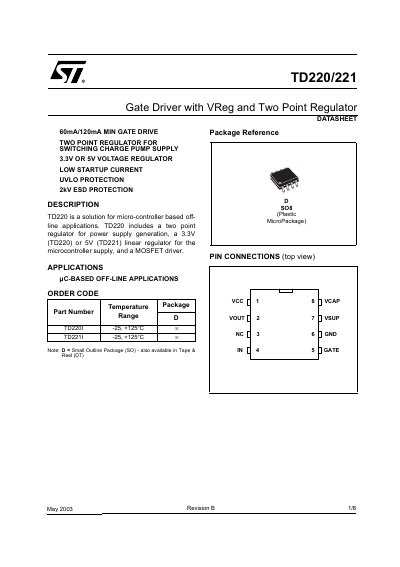 STMicroelectronics TD220/221 Gate Driver Datasheet