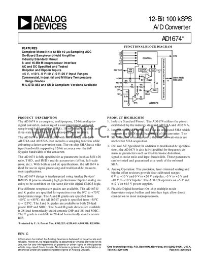 Analog Devices AD1674 12‑Bit ADC Datasheet - cover page