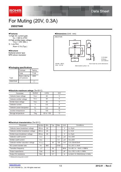 ROHM 2SD2704K NPN Transistor Datasheet - cover page