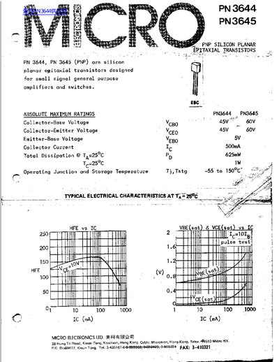 Micro Electronics Ltd. PN3644/PN3645 PNP Transistor Datasheet - cover page