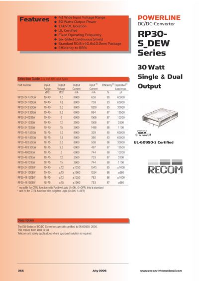 RECOM RP30-S DEW Series 30W Single & Dual Output Datasheet - cover page