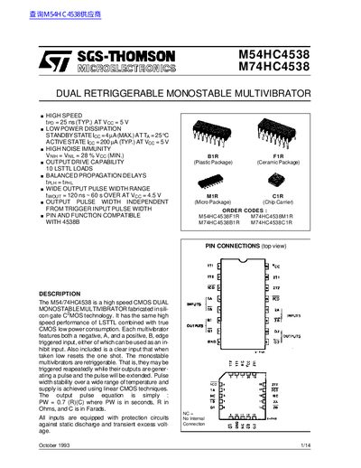 SGS-THOMSON M54HC4538/M74HC4538 Datasheet - cover page