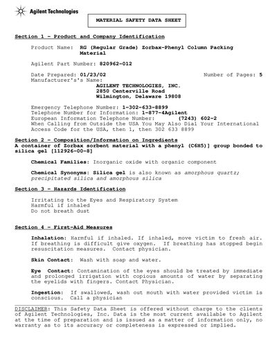 Agilent RG Zorbax Phenyl Column Packing Material Safety Data Sheet - cover page