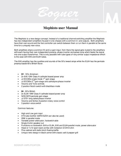Bogner Amplification Mephisto Amplifier User Manual - cover page