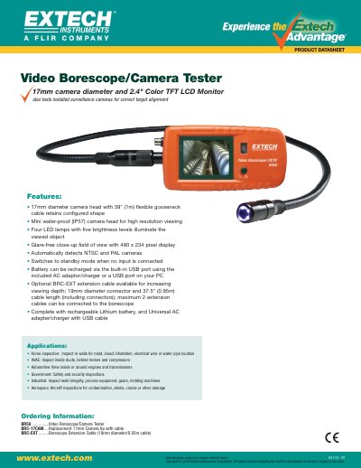 EXTECH BR50 Video Borescope/Camera Tester Datasheet - cover page