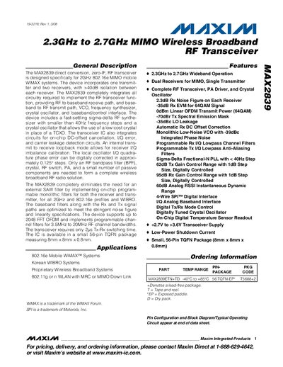 Maxim MAX2839 RF Transceiver Datasheet