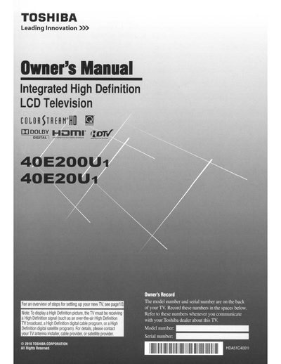 Toshiba 40E200U1/40E20U1 User Manual - cover page