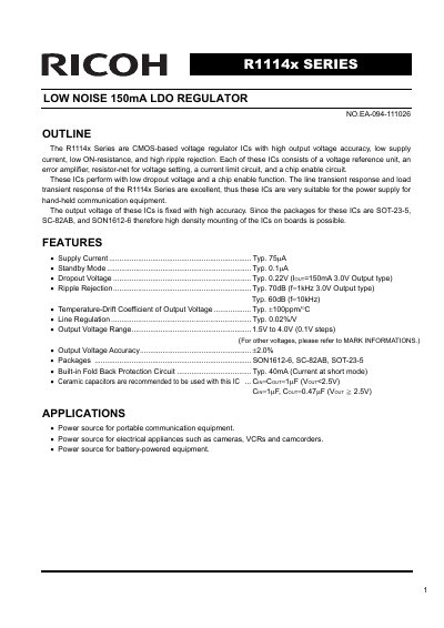 Ricoh R1114x Series Low Noise LDO Regulator Datasheet - cover page