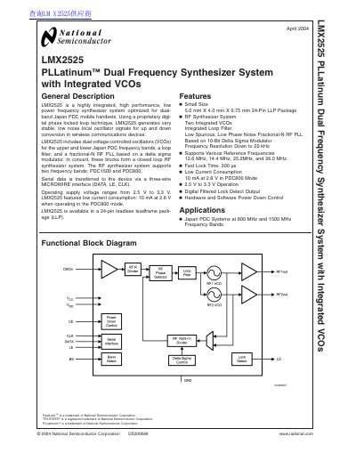 National Semiconductor LMX2525 PLLatinum Dual Frequency Synthesizer System Datasheet - cover page