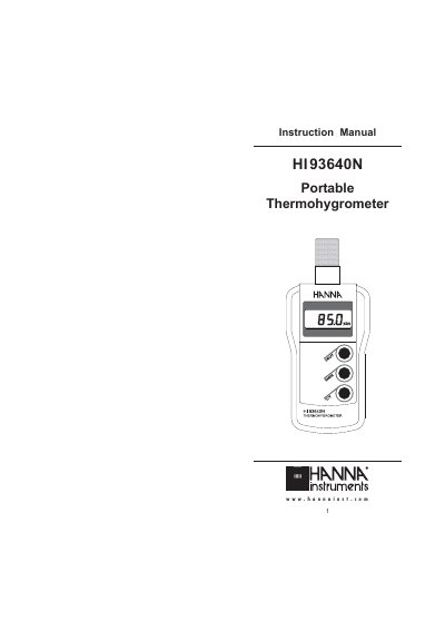 Hanna Instruments HI93640N Portable Thermohygrometer Instruction Manual - cover page
